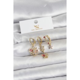 Pirinç Gold Renk Çiçek Model 3'lü Kadın Küpe TJ-BKP11713