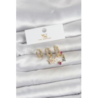 Pirinç Gold Renk Çiçek Model 3'lü Kadın Küpe TJ-BKP11717