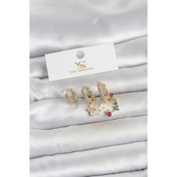 Pirinç Gold Renk Çiçek Model 3'lü Kadın Küpe - TJ-BKP11717