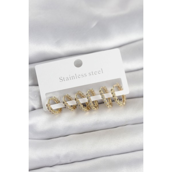 316L Çelik Gold Renk Zirkon Taşlı Halka Model Kadın Küpe Seti - TJ-BKP11723