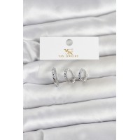 Pirinç Gümüş Renk Nazarlı Model 3'lü Kadın Küpe TJ-BKP11710