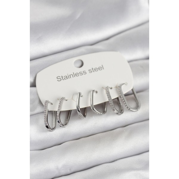 316L Çelik Gümüş Renk 6'lı Set Geometrik Model Kadın Küpe - TJ-BKP11742