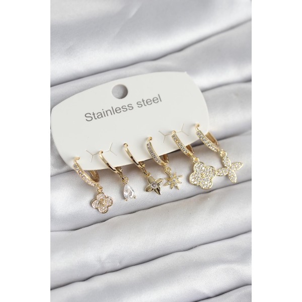 316L Çelik Gold Renk 6'lı Set Yonca Model Kadın Küpe - TJ-BKP11743
