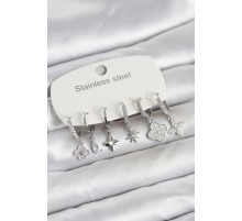 316L Çelik Gümüş Renk 6'lı Set Yonca Model Kadın Küpe - TJ-BKP11744