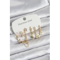 316L Çelik Gold Renk 6'lı Set Zincirli Yıldız Modelli Kadın Küpe TJ-BKP11747