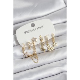 316L Çelik Gold Renk 6'lı Set Zincirli Yıldız Modelli Kadın Küpe TJ-BKP11747