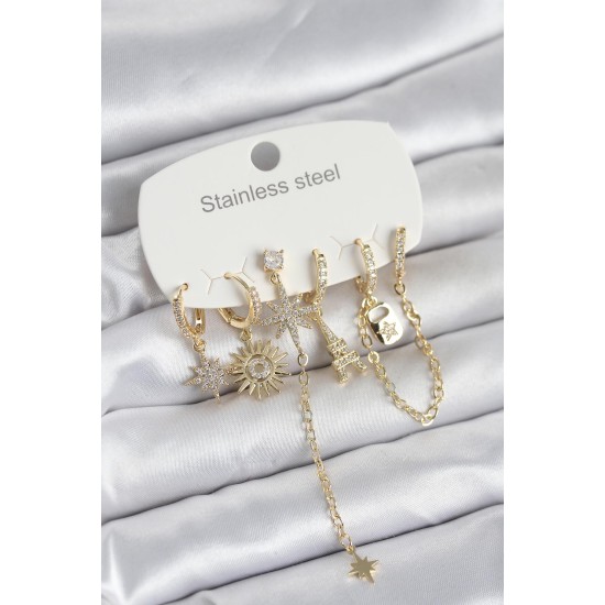 316L Çelik Gold Renk 6'lı Set Charmlı Kadın Küpe - TJ-BKP11749