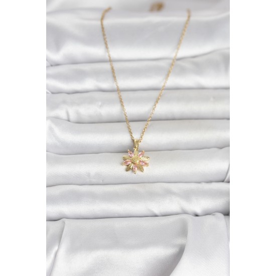 316L Çelik Zincir Gold Renk Pembe Papatya Model Kadın Kolye - TJ-BKO11030