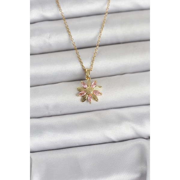 316L Çelik Zincir Gold Renk Pembe Papatya Model Kadın Kolye - TJ-BKO11030