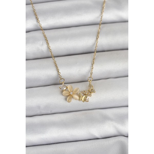 316L Çelik Zincir Gold Renk Çiçek ve Kelebek Model Kadın Kolye - TJ-BKO11038