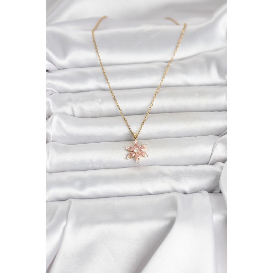 316L Çelik Zincir Gold Renk Pembe Lotus Model Kadın Kolye - TJ-BKO11040