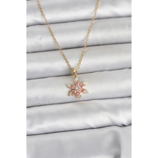 316L Çelik Zincir Gold Renk Pembe Lotus Model Kadın Kolye - TJ-BKO11040