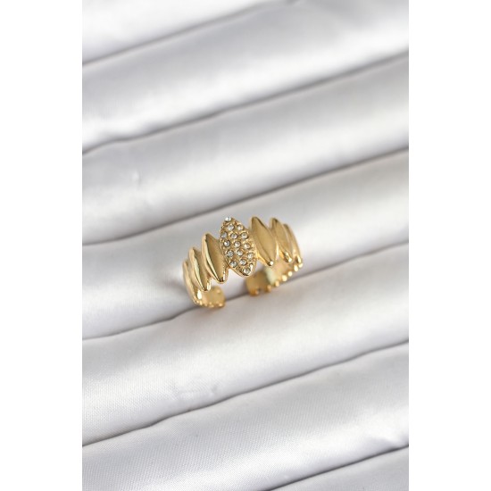 316L Çelik Gold Renk Zirkon Taşlı Vintage Model Kadın Yüzük - TJ-BYK4164