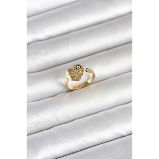 316L Çelik Gold Renk Nazar Detaylı Kalp Model Kadın Yüzük - TJ-BYK4167