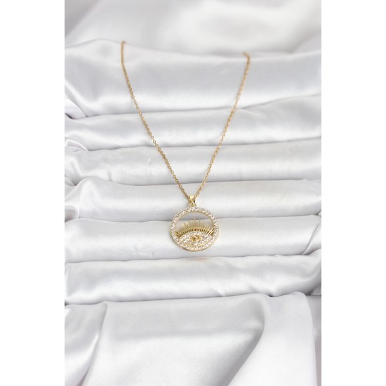 316L Çelik Gold Renk Zirkon Taşlı Göz Model Kadın Kolye - TJ-BKO11046