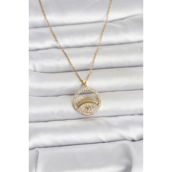 316L Çelik Gold Renk Zirkon Taşlı Göz Model Kadın Kolye - TJ-BKO11046