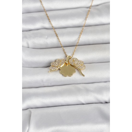 316L Çelik Gold Renk Açılabilir Yonca Model Zirkon Taşlı Kadın Kolye - TJ-BKO11048