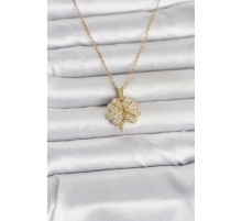 316L Çelik Gold Renk Açılabilir Yonca Model Zirkon Taşlı Kadın Kolye - TJ-BKO11048