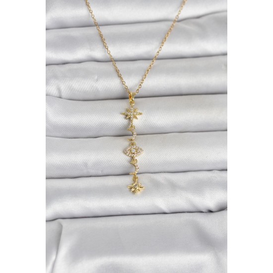 316L Çelik Gold Renk Kutup Yıldızı Y Model Zirkon Taşlı Kadın Kolye - TJ-BKO11049