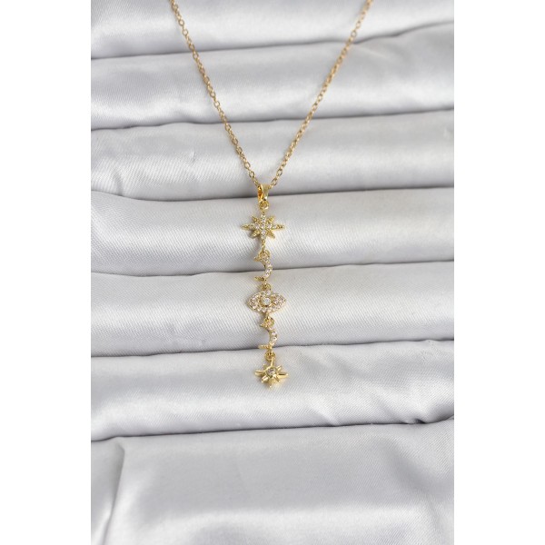 316L Çelik Gold Renk Kutup Yıldızı Y Model Zirkon Taşlı Kadın Kolye - TJ-BKO11049