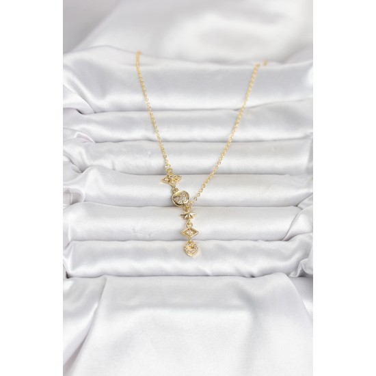316L Çelik Gold Renk Zirkon Taşlı Y Kadın Kolye - TJ-BKO11053
