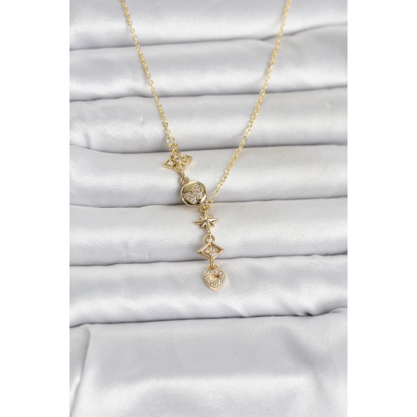 316L Çelik Gold Renk Zirkon Taşlı Y Kadın Kolye - TJ-BKO11053