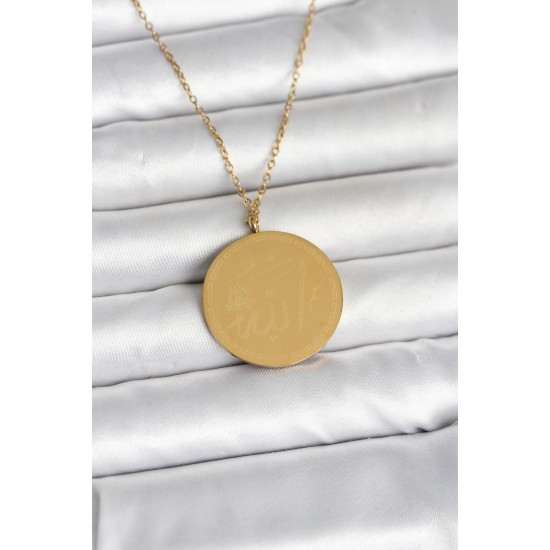 316L Çelik Gold Renk Ayetel Kürsi ve Allah Yazılı Kolye - TJ-BKO11055