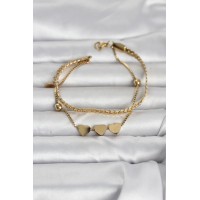 316L Çelik Gold Renk Ezme Zincir ve Kalpli Kadın Bileklik TJ-BB8390