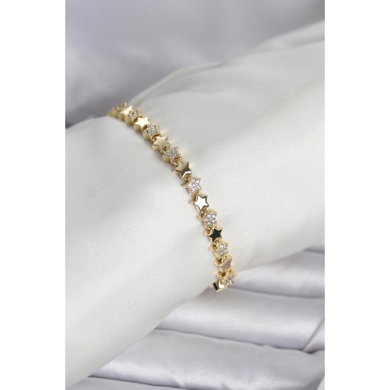 Pirinç Gold Renk Zirkon Taşlı Yıldız Model Kadın Bileklik - TJ-BB8405