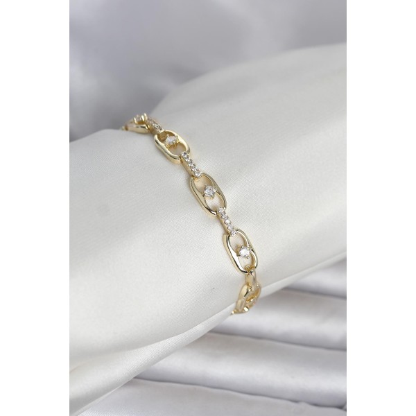 Pirinç Gold Renk Zirkon Taşlı Kadın Bileklik - TJ-BB8409