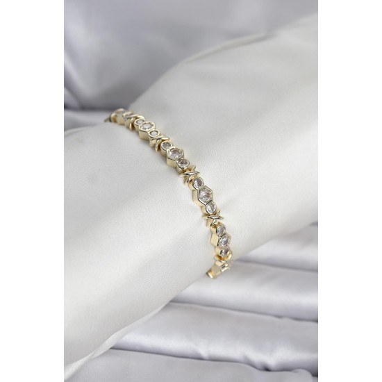 Pirinç Gold Renk Petek Model Zirkon Taşlı Kadın Bileklik - TJ-BB8429