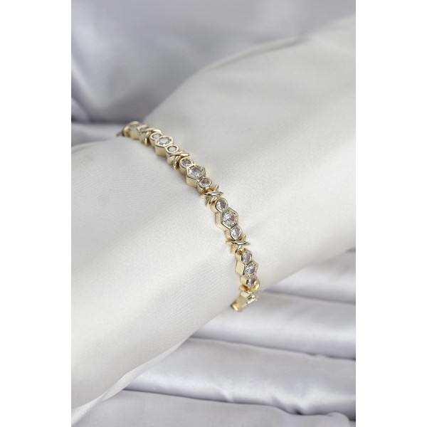 Pirinç Gold Renk Petek Model Zirkon Taşlı Kadın Bileklik - TJ-BB8429