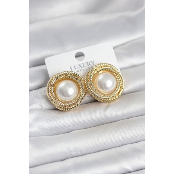 Pirinç Gold Renk Sarmal Model İncili Kadın Küpe - TJ-BKP11778