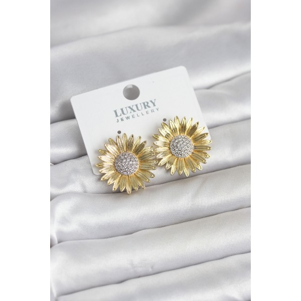 Papatya Model Zirkon Taşlı Pirinç Gold Renk Kadın Küpe - TJ-BKP11779