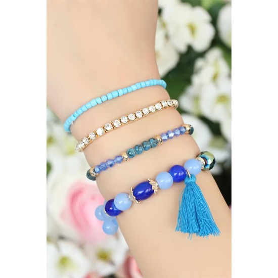 Mavi Boncuklu ve Püsküllü Bayan Çoklu Bileklik - TJ-BB1597