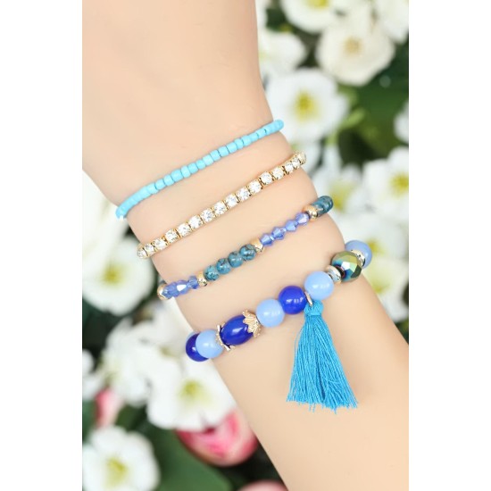 Mavi Boncuklu ve Püsküllü Bayan Çoklu Bileklik - TJ-BB1597