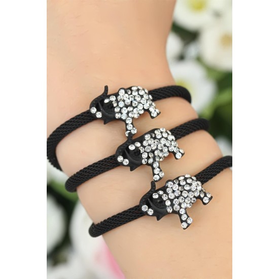 Siyah  Zirkon Taşlı Fil Aksesuarlı Metal Bayan Bileklik - TJ-BB1633