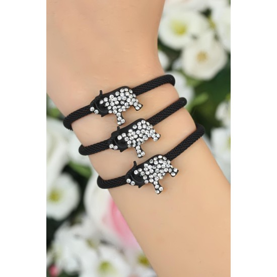 Siyah  Zirkon Taşlı Fil Aksesuarlı Metal Bayan Bileklik - TJ-BB1633