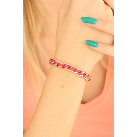 Gold Zincirli Pembe İpli Bayan Bileklik - TJ-BB2561-KS