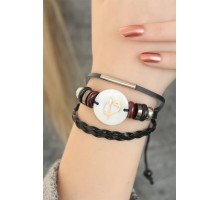 Siyah Renk Elif Vav Tasarım Çoklu Deri Bayan Bileklik - TJ-BB2697-KS