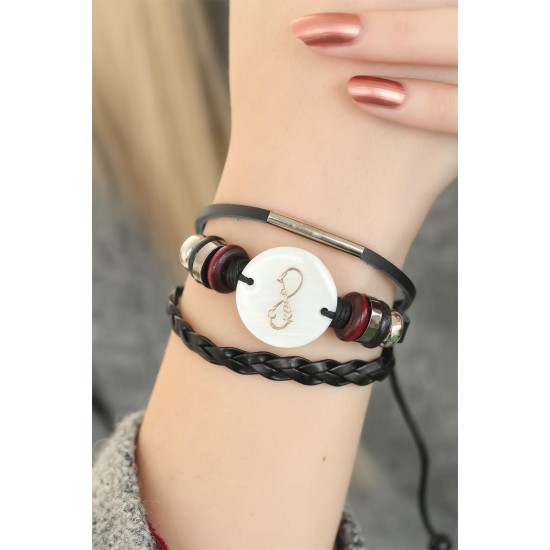 Siyah Renk Sonsuzluk ve Atatürk İmza Tasarım Çoklu Deri Bayan Bileklik - TJ-BB2698-KS