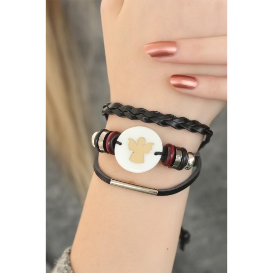 Siyah Renk Melekli Tasarım Çoklu Deri Bayan Bileklik - TJ-BB2829
