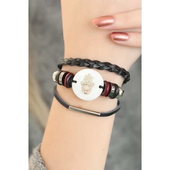Siyah Renk Fatma Ana Eli Tasarım Çoklu Deri Bayan Bileklik - TJ-BB2705-KS