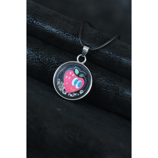 Çilek Figürlü Siyah Deri İpli Bayan Kolye - TJ-BKO4490-KS