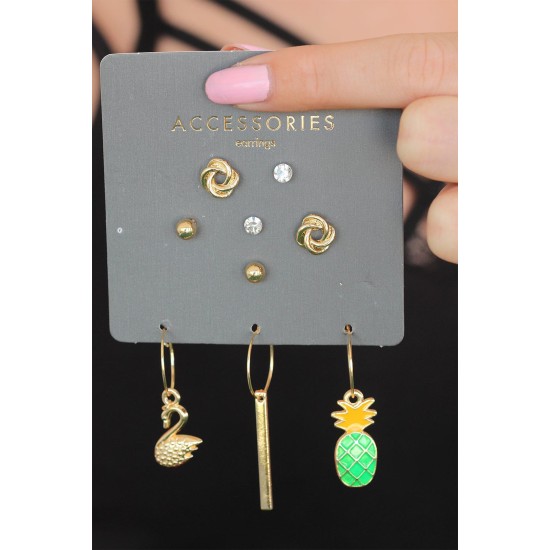 Ananaslı Üçlü Küpe Seti - TJ-BKP4941-KS