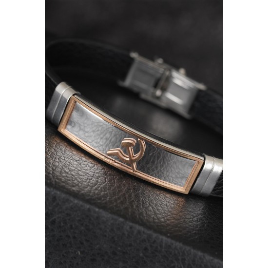 Rose Renk Orak Figürlü Metal Aksesuarlı Siyah Renk Deri Erkek Bileklik - TJ-EB1402