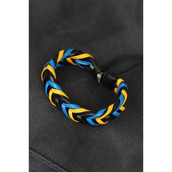 Sarı Lacivert Siyah Örgü Deri Erkek Bileklik - TJ-EB1845