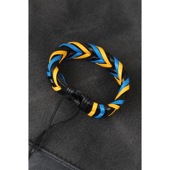 Sarı Lacivert Siyah Örgü Deri Erkek Bileklik - TJ-EB1845