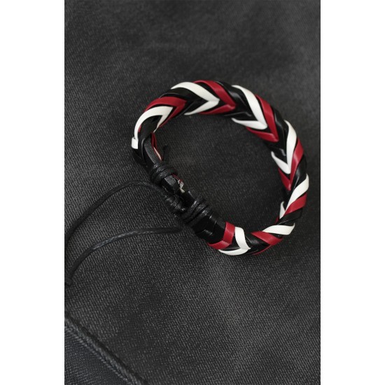 Bordo Beyaz Siyah Örgü Deri Erkek Bileklik - TJ-EB1846