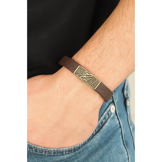 Eskitme Metal Zebra Aksesuarlı Kahverengi Deri Erkek Bileklik - TJ-EB2068-KS